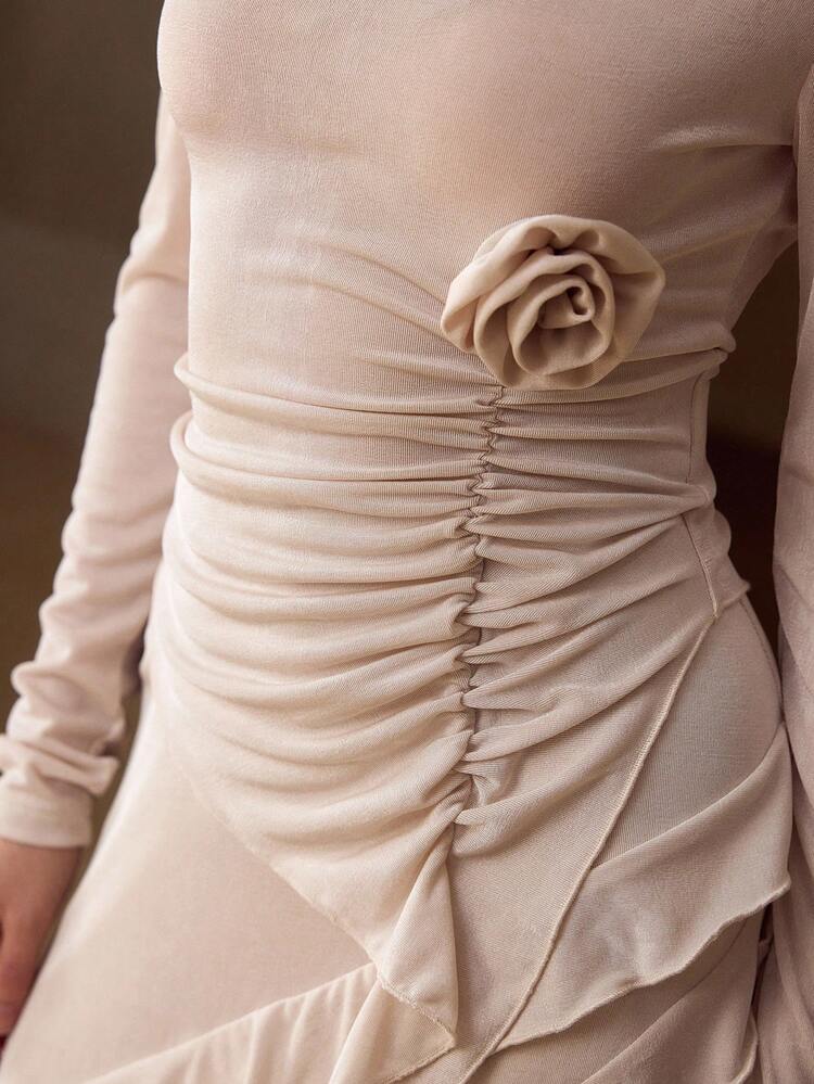 ELEGANT FRENCH HANDMADE DECORATIVE 3D FLORAL ASYMMETRICAL NECK LONG SLEEVE BLOUSE FOR WOMEN