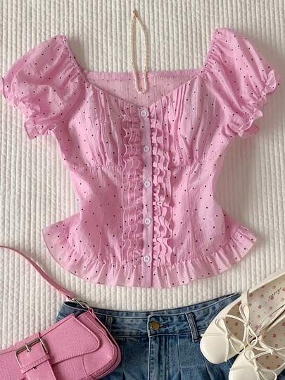 Comfortcana 荷叶边领口、收腰设计、泡泡袖、圆领波点荷叶边下摆衬衫，可爱优雅，适合约会、休闲外出、春季旅行、春夏穿着，粉色