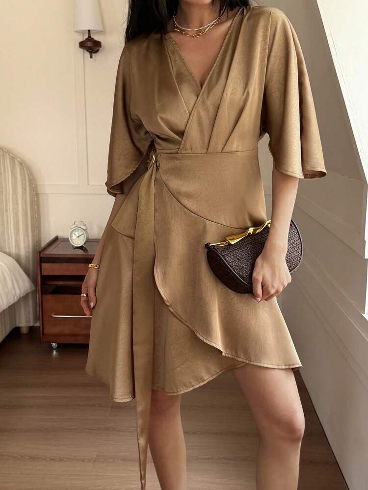 Solid Color Loose Waist Tie Oblique Collar Flare Sleeve Asymmetrical Ruffle Hem Elegant Summer Vacation Mini Dress For Women