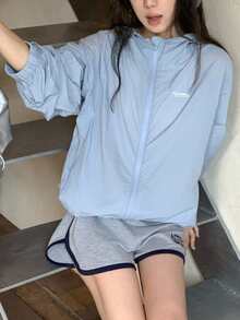 DAZY 少女字母印花插肩袖拉链连帽衫 - 藍色 - 查看 9