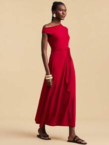 Travachic Elegantes Kleid mit schräger Schulter und ärmellos - Rot - Übersicht 5