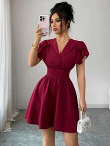 SHEIN Elenzya New Women's Reversible Woven Solid Color Waist Drawstring Chiffon Patchwork Ruffle Sleeve Design Casual Vacation Daily Versatile Elegant Short Dress - Burgundy - View 5