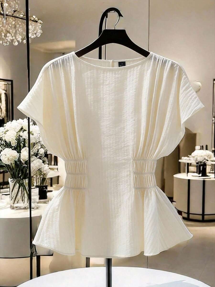 Modelyn Women's Solid Color Round Neck Short Sleeve Fitted Blouse For Commuting Cinched Waist Top Summer Tops White Top Vacation - Light Yellow - View 1