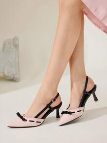 CUCCOO CHICEST 女士高跟鞋，蝴蝶结设计，尖头，细高跟，撞色拼接，仿麂皮和PU皮革材质，优雅约会之选，浪漫甜美露趾鞋 - 淺粉色 - 查看 4