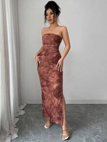 Rafferiza 女士优雅褶皱扎染网纱印花收腰无肩带开衩派对连衣裙 - 咖啡 - 查看 6