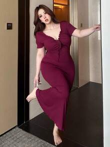 Dazy Plus Ruffled Trim Tie-Front Bodycon Plus Size Women Nightgown Loungewear Summer Pajamas - Red Violet - View 7