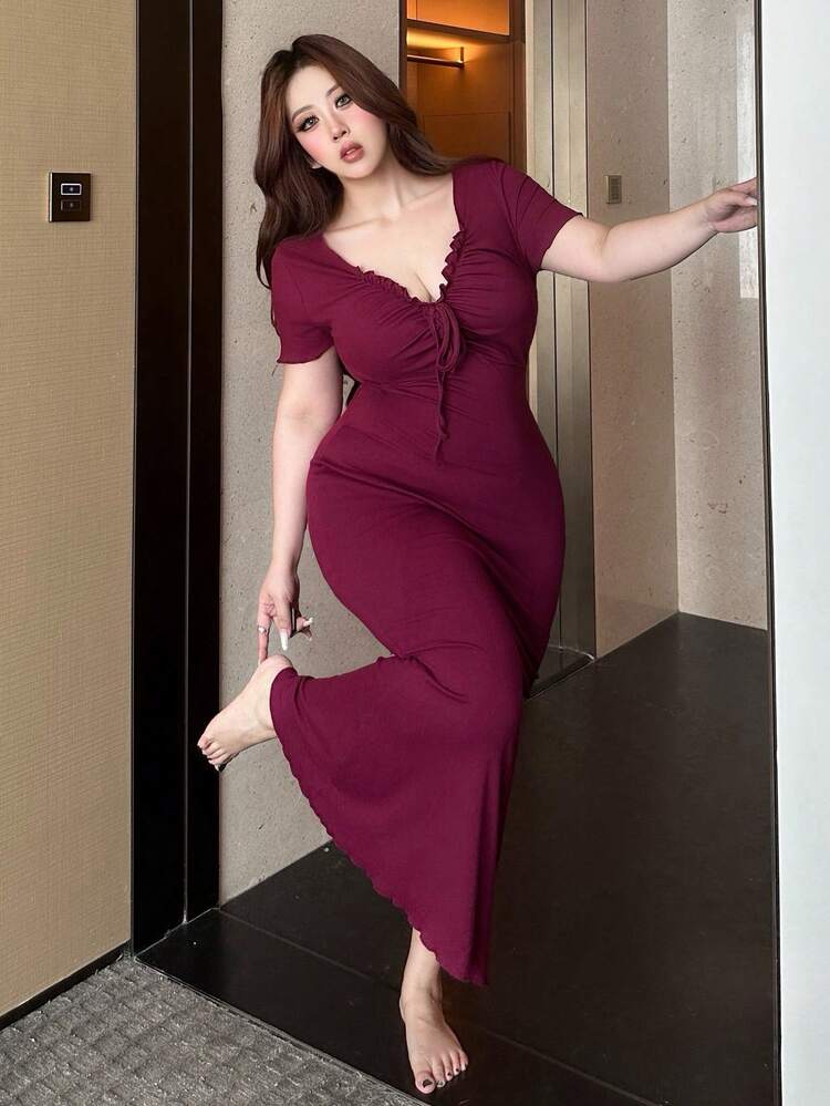 Dazy Plus Ruffled Trim Tie-Front Bodycon Plus Size Women Nightgown Loungewear