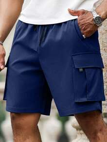 Manfinity Homme Quần short cargo nam cỡ lớn có dây rút ở eo, có túi, kiểu dáng thường ngày, đa năng cho việc đi làm và các hoạt động ngoài trời, quần short đường phố nam, quần short cargo nam, quần short cargo nam màu xanh navy dáng rộng. - Màu xanh hải quân - Xem 3