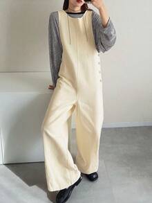 FRIFUL 女士纯黄色100%纯棉直筒宽松休闲连体裤家居服套装 - 黃色 - 查看 4