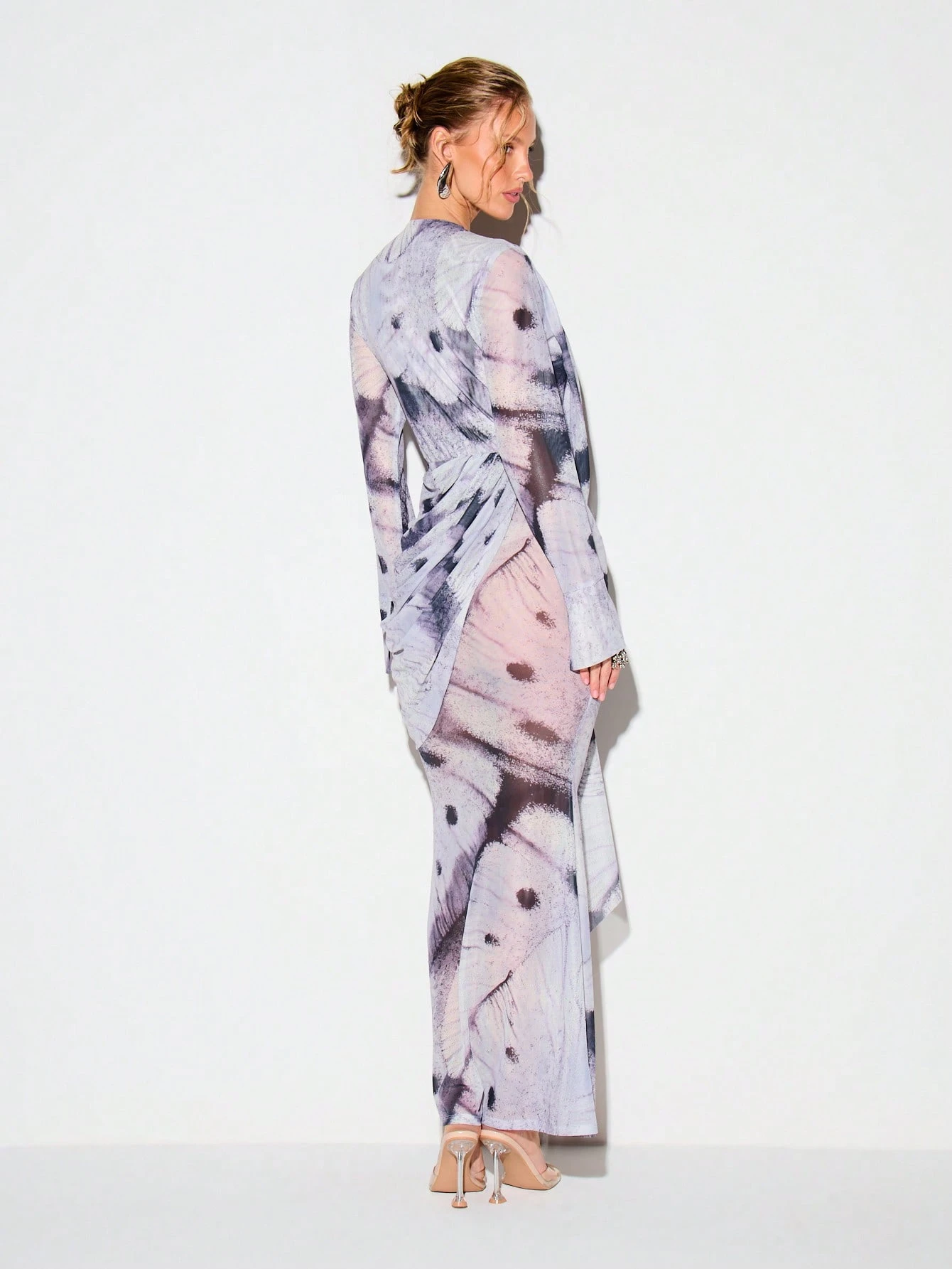 KIZN Printed Mesh Wrap Maxi Dress With Tie Detail