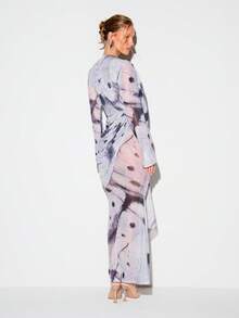 KIZN Printed Mesh Drape Deep V-Neck Long Sleeve Maxi Dress With Tie Waist And Side Slit - Multicolor - View 2