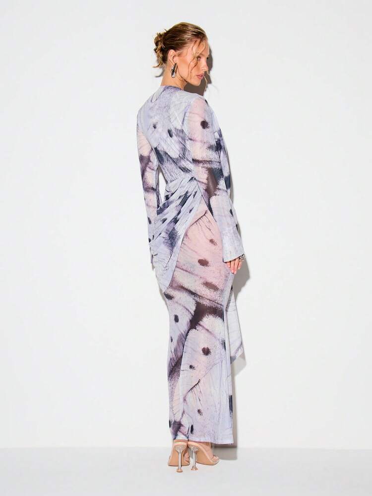 KIZN Printed Mesh Wrap Maxi Dress With Tie Detail