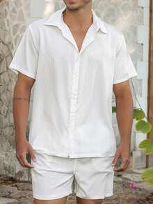 VIVINTIMO Bộ đồ đi biển đơn giản và thời trang cho nam, áo sơ mi ngắn tay màu trơn và quần short, mặc hàng ngày - trắng - Xem 3
