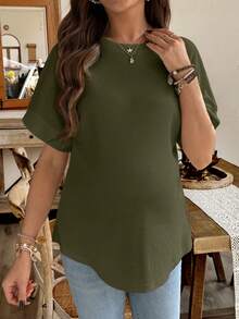 SHEIN Solid Color Round Neck Short Sleeve Casual Maternity Top - Army Green - View 4