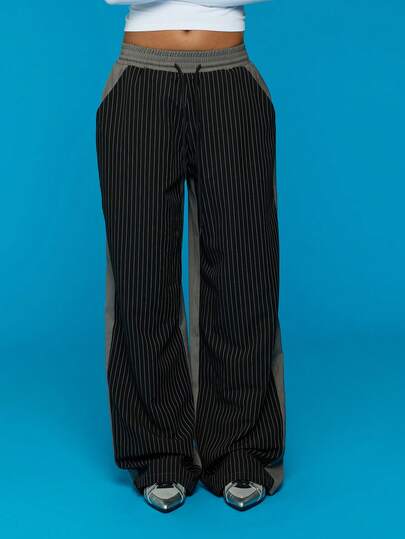 COUREZ Low Rise Oversized Joggers With Mixed Tailored Fabrics /Y2K Spring Clothes For Women Pinstripe Trousers Black Trousers Black Joggers Going Out Outfits Summer Outfits