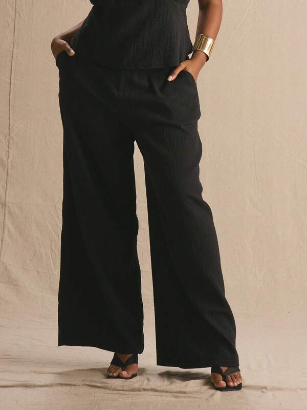 MUSERA Low Rise Tailored Cheesecloth Wide Leg Trousers Spring Summer Elegant Cute Vacation Casual Everyday Spring Outfit Casa De Muse Holiday