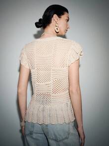 SHEIN Luminelle 女士法式V领无袖叠层提花网眼针织开衫 - 杏色 - 查看 2