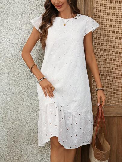 EMERY ROSE Vestido Midi Casual de Festa com Decote Redondo, Bordado Floral e Franzido