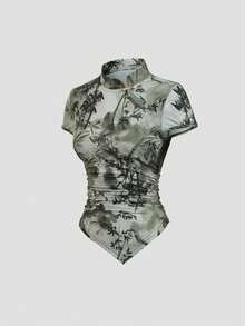 Sweetra Women's Mandarin Collar All-Over Print Ruched Asymmetric Hem Fitted Casual Short Sleeve T-Shirt - Multicolor - View 3