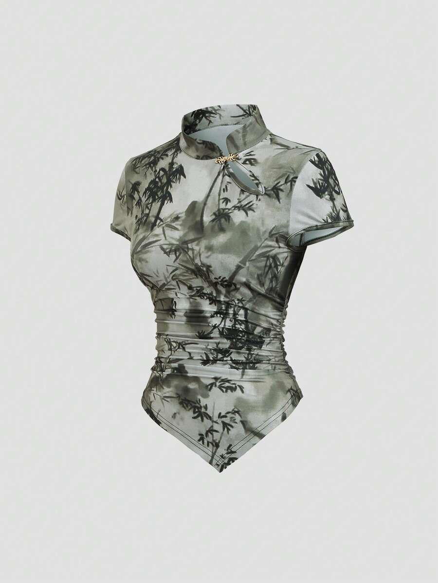 Sweetra Women's Mandarin Collar All-Over Print Ruched Asymmetric Hem Fitted Casual Short Sleeve T-Shirt - Multicolor - View 1