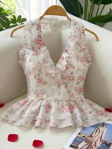 GlowEve Áo hai dây nữ thanh lịch, thời trang, thoải mái, quyến rũ, cổ điển, tối giản, cao cấp, lãng mạn, thích hợp cho kỳ nghỉ, không tay, eo nhún, dáng chữ A, viền bèo nhún, họa tiết hoa in nổi, thiết kế bèo nhún (Họa tiết ngẫu nhiên) - trắng - Xem 1