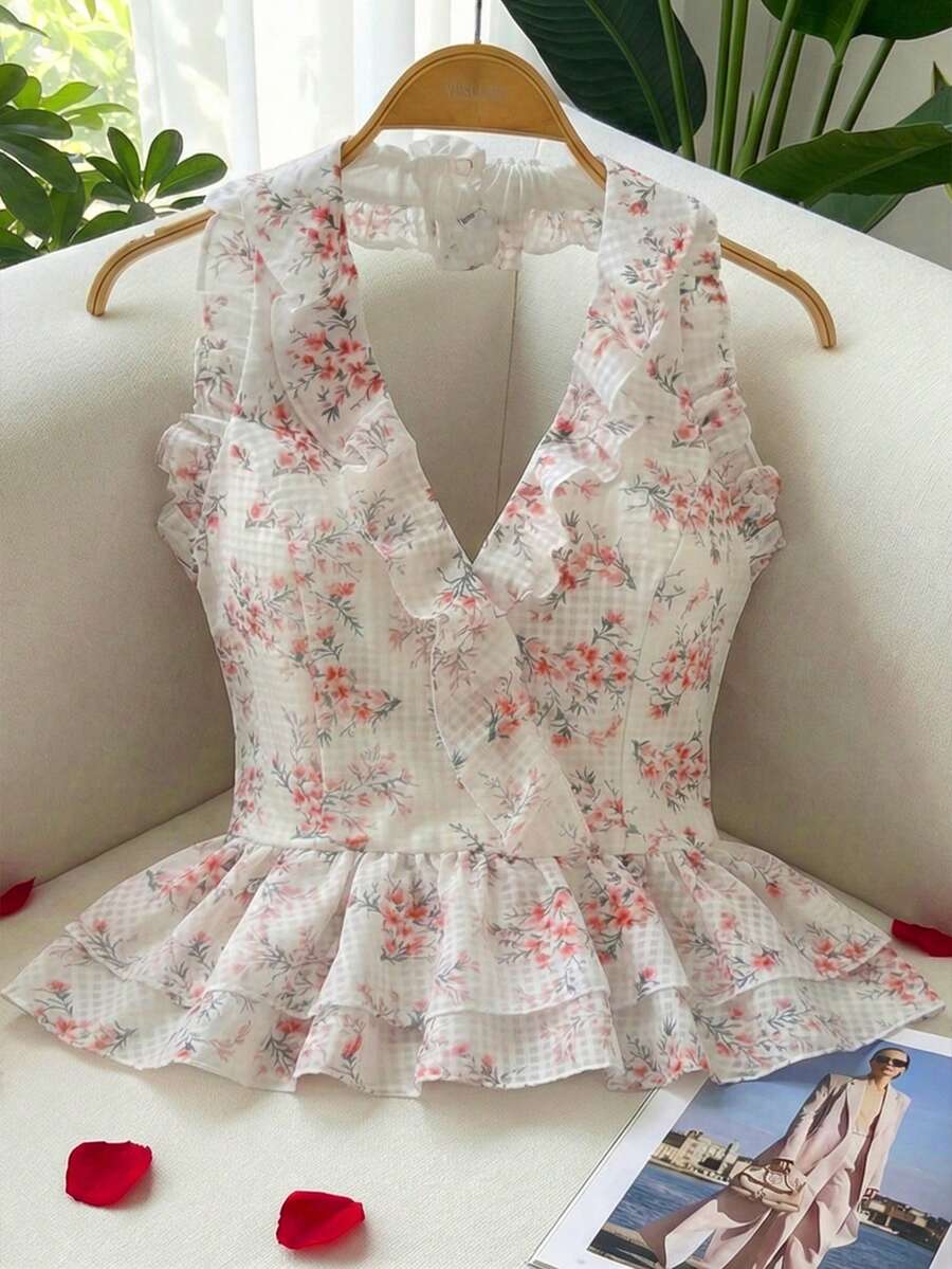 GlowEve Áo hai dây nữ thanh lịch, thời trang, thoải mái, quyến rũ, cổ điển, tối giản, cao cấp, lãng mạn, thích hợp cho kỳ nghỉ, không tay, eo nhún, dáng chữ A, viền bèo nhún, họa tiết hoa in nổi, thiết kế bèo nhún (Họa tiết ngẫu nhiên) - trắng - Xem 1