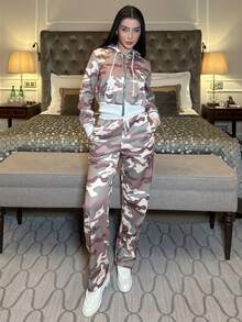 hhfernanda 2pcs Women Camouflage Print Hooded Zip-Up Long Sleeve Top And Pants Set - Multicolor - View 1