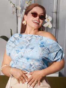 Lupita Cardoza 女士斜肩宽松印花衬衫，新年夏日度假女装 - 藍色 - 查看 3