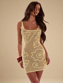 SHEIN BAE Women's Pale Yellow Embroidered Rope Knit Dress For Autumn,Boho Beach Vacation,Holiday Elegant Openwork Sleeve Knit Dress For Seaside Dates - Yellow - View 1