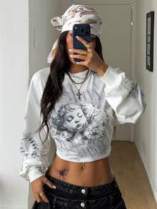 Coolane Coolgirl 女士秋冬街头风嘻哈印花宽松长袖T恤 - 白色 - 查看 3