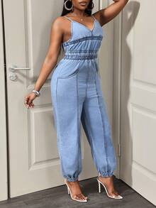 Slaydiva Bộ áo liền quần denim nữ kiểu dáng thường ngày, chất liệu denim bạc màu. - Màu xanh lam - Xem 7