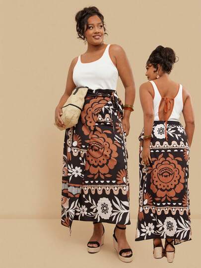 Travachic Plus Size Women's Solid Color Vest Patchwork Print Dress, Wrap Tie Waist Dress, Holiday Casual Beach Dress