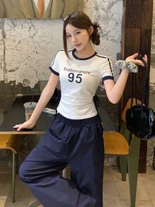 DAZY 女士圆领字母数字印花褶皱扭结设计休闲百搭日常短袖T恤 夏季 - 白色 - 查看 1
