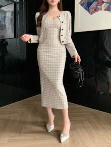 DAZY 女士优雅格子外套连衣裙两件套，秋季 - 杏色 - 查看 4