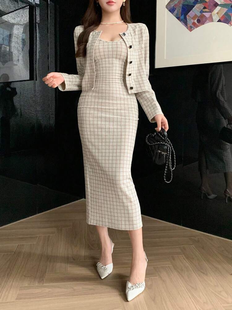 DAZY 女士优雅格子外套连衣裙两件套，秋季 - 杏色 - 查看 4