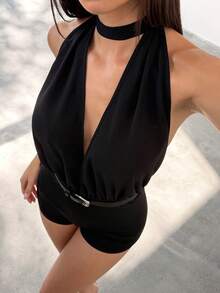 Bluhae 女士优雅性感V领吊带蝴蝶结露背连体裤，适合海滩、音乐节、嬉皮士派对、聚会、约会、下午茶等场合 - 黑色 - 查看 4