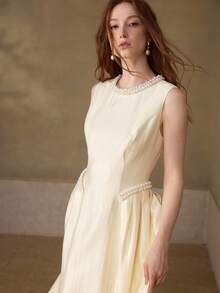 MOTF PREMIUM ELEGANT FRENCH FASHION DELICATE SLEEVELESS PEARL RIBBON DECOR WOMEN'S DRESS - Apricot - View 5