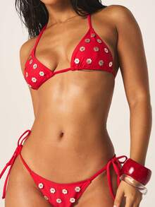 MISSGUIDED Women Two Piece Triangle Bikini Set With Decorative Circular Studs And Tie Side Bottom For Summer Beach - Red - View 5