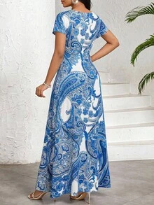 SHEIN Lady 女士印花优雅长连衣裙，圆领短袖，度假风夏季 - 藍白色 - 查看 2