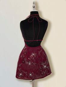SHEIN ICON Summer Vacation Beaded Backless Draped Neck Mini Dress, Wine Red, For Outing, Party, Gathering - Burgundy - View 8