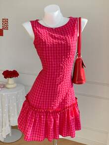 Comfortcana Vestido casual y elegante con textura de crepé, volantes en el bajo y sin mangas, a cuadros, ideal para el Día de San Valentín - Multicolor - Ver 3