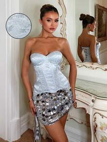 Glamine Charm SHEIN Glamour 女士蓝色提花性感抹胸胸衣，带衬垫罩杯，裹胸设计，派对露脐胸衣上衣，浅蓝色，夏季优雅派对上衣 - 藍色 - 查看 2