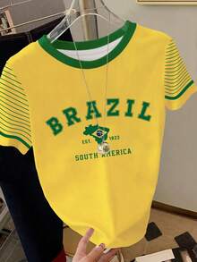 SHEIN Brazilian South American Yellow And Green Contrast Print Women's T-Shirt, Suitable For Summer, Daily Commuting, Festival Gifts, Fashion , Stylish T-Shirt, Beautiful T-Shirt, Siblings Gift, Sisters Gift, Mother Gift, Mother's Day Gift, Casual Yet Fashionable Top - Army Green - View 1
