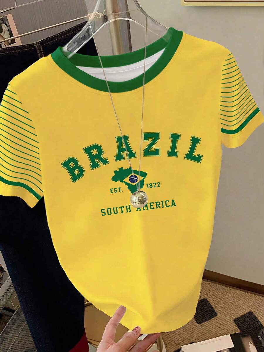 SHEIN Brazilian South American Yellow And Green Contrast Print Women's T-Shirt, Suitable For Summer, Daily Commuting, Festival Gifts, Fashion , Stylish T-Shirt, Beautiful T-Shirt, Siblings Gift, Sisters Gift, Mother Gift, Mother's Day Gift, Casual Yet Fashionable Top - Army Green - View 1