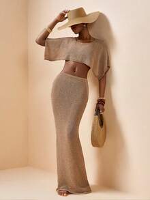 Zivah Bộ đồ đi biển dệt kim màu nâu nhạt thanh lịch, thoải mái, phong cách nghỉ dưỡng năm 2025 - màu nâu - Xem 4