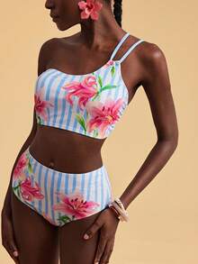 Travachic Conjunto de traje de baño con estampado floral y de rayas para mujer, ideal para vacaciones y playa - Multicolor - Ver 1