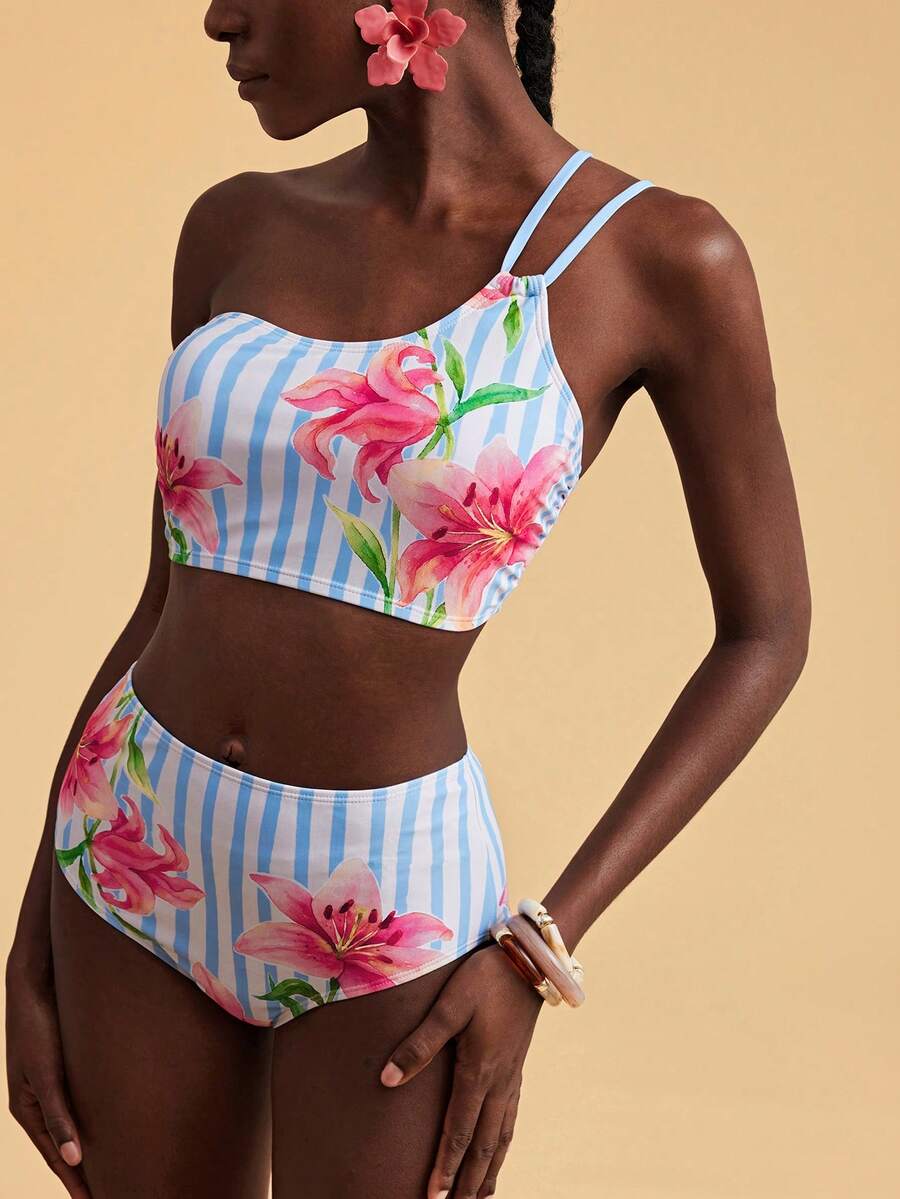 Travachic Conjunto de traje de baño con estampado floral y de rayas para mujer, ideal para vacaciones y playa - Multicolor - Ver 1