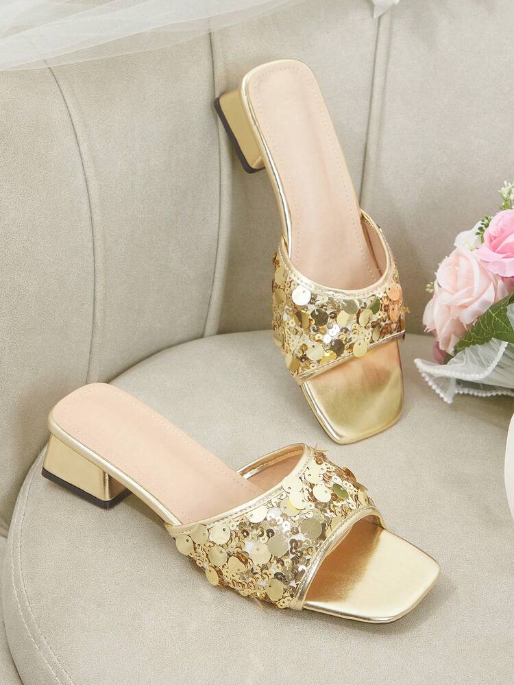 CUCCOO HITCHD Women Shoes Spring And Summer Sequin Square Toe 3.5CM Thick Heel Fashion Style Gold Thick Heel Slippers Wedding Valentine's Day Wear Wedding Shoes Spring Shoes Bride Shoes
