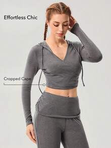 OutZeal Women Sports Hoodies Daily Casual Soft Stretch V Neck Hooded Cropped Tops - Grey - View 2