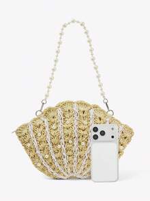 Viva Strut 女士单肩包、流浪包、草编包、珍珠贝壳造型草编包，时尚优雅，简约个性，百搭实用，适合海滩、度假、夏季、海边、沙滩派对等场合 - 米色 - 查看 4